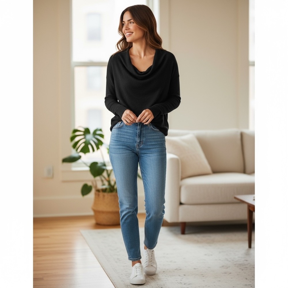 LA Made Cowl Neck Long Sleeve Viscose Black Sweater Size Medium Classic NWT